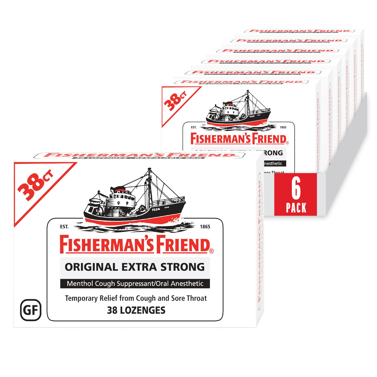 Fisherman's Friend Original Extra Strong Cough Lozenges (38 Drops x 6-Pack), 10mg Natural Menthol, Cooling Relief from Sore Throat, Persistent Cough & Everyday Irritation, Vegan & Gluten-Free