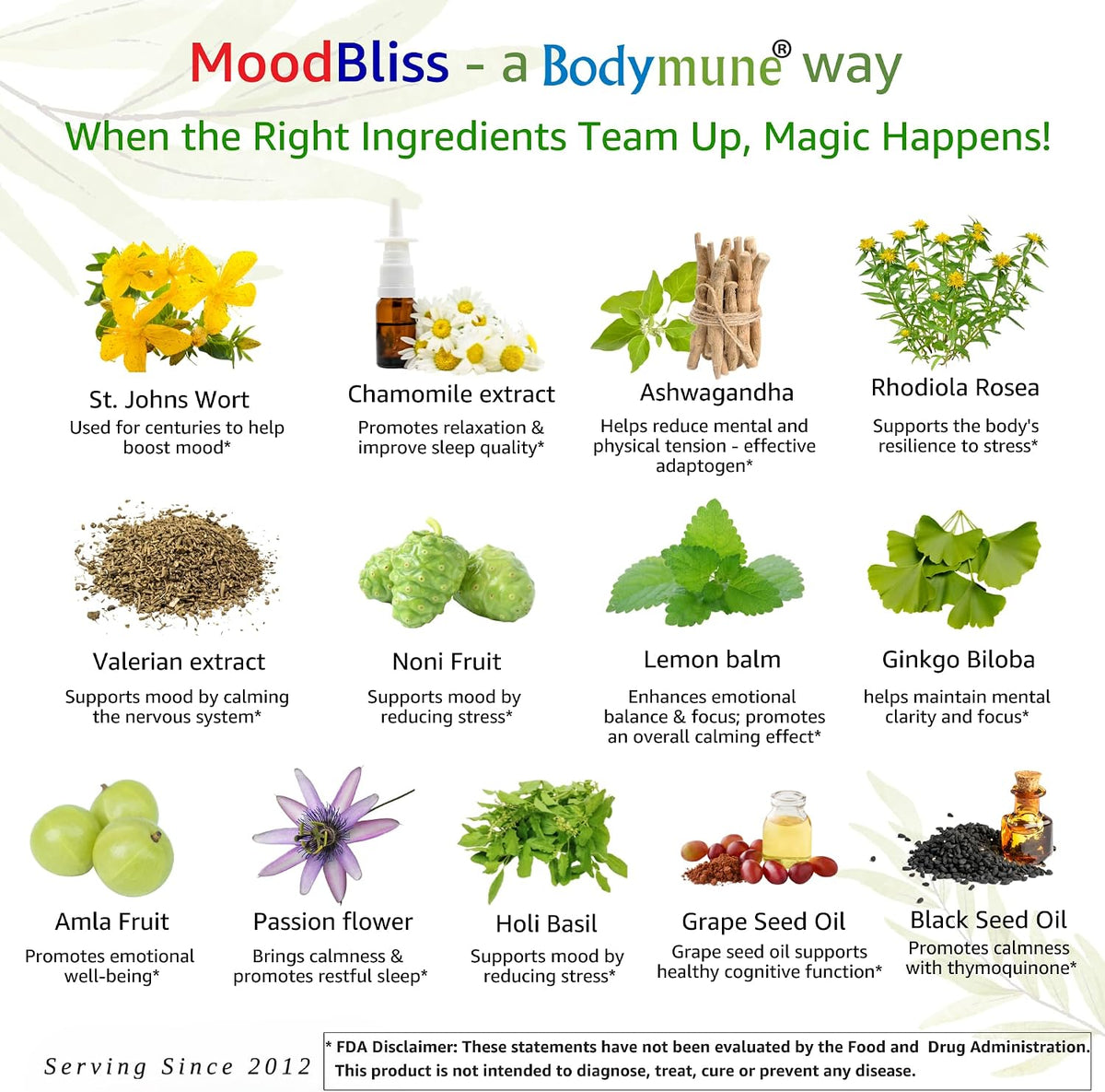 Bodymune Organic MoodBliss | Supports a Calm, Relaxed & Positive Mood* | with Ashwagandha, St. John's Wort & Lemon Balm | USDA Organic, USA-Made, Non-GMO, Gluten-Free - 60 cts.