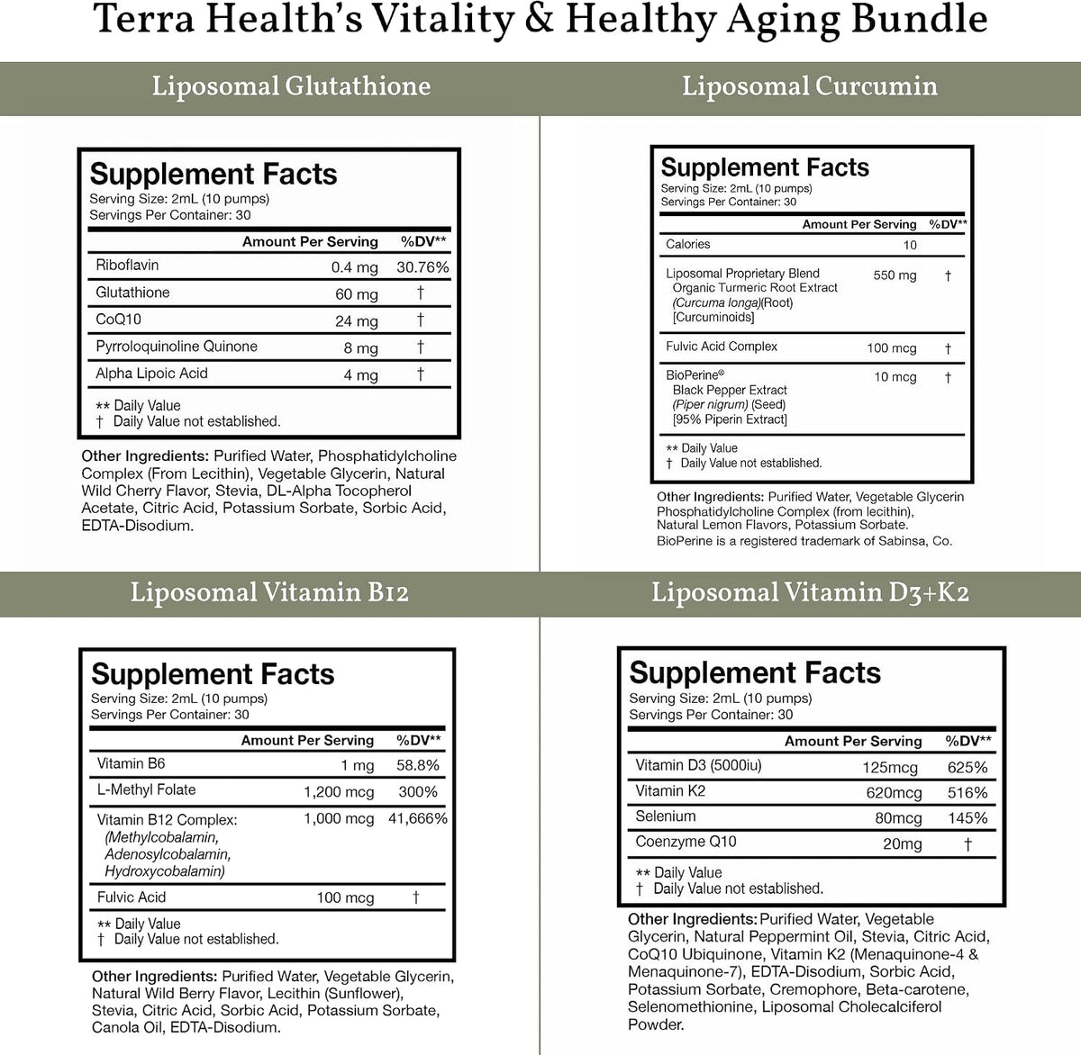 Terra Health Essentials 4-Pack Liposomal Supplement Bundle - Glutathione, Curcumin, Vitamin D3+K2 & Vitamin B12 - Antioxidant, Energy, Immune & Active Aging Support - 2oz Each, 30 Day Supply