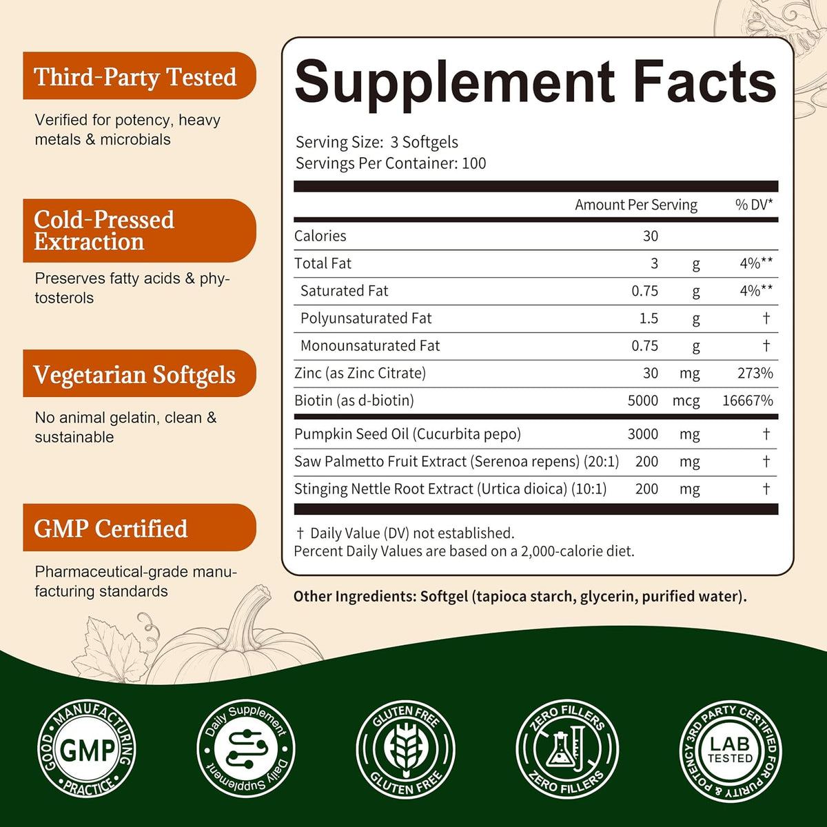 Pumpkin Seed Oil with Saw Palmetto Capsules for Men & Women – Biotin Stinging Nettle Root Zinc – DHT Blocker & Hair Growth Support – Cold Pressed,Essential Fatty Acids & Phytosterols – 300 Softgels
