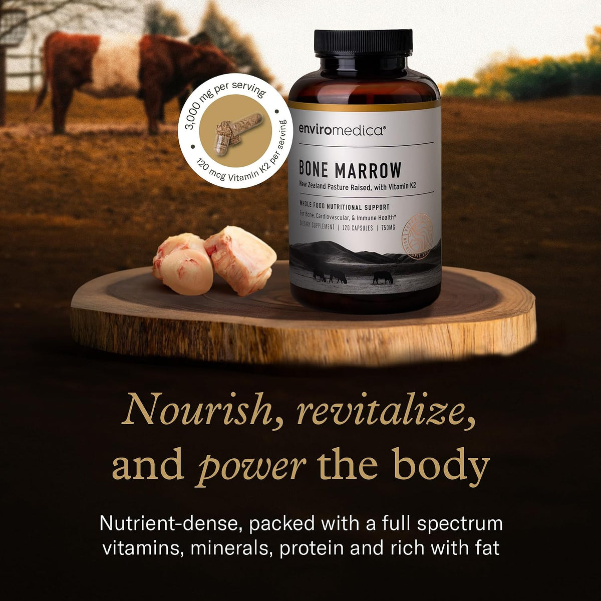 Enviromedica Grass-Fed Beef Bone Marrow Supplement, Collagen, 120 Ct | New Zealand beef bone marrow with MCHA, cartilage, collagen & vitamin K2. Freeze-dried whole-food supplement, 120 caps.