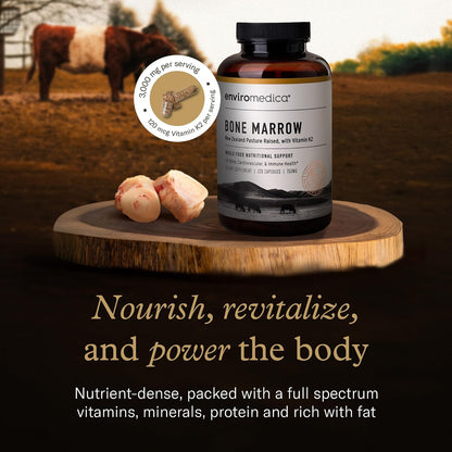 Enviromedica Grass-Fed Beef Bone Marrow Supplement, Collagen, 120 Ct | New Zealand beef bone marrow with MCHA, cartilage, collagen & vitamin K2. Freeze-dried whole-food supplement, 120 caps.