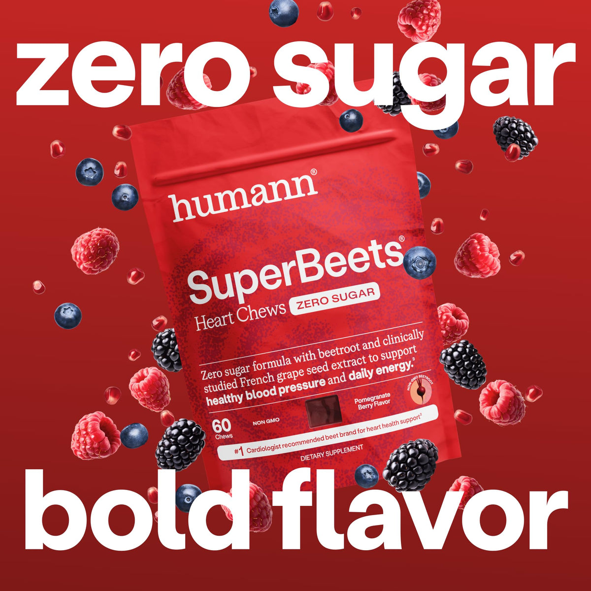 HumanN SuperBeets Heart Chews Zero Sugar, Beet Root Supplement, Energy, Nitric Oxide and Blood Pressure Support, Grape Seed Extract & Non-GMO, Heart Health, Pomegranate Berry Flavor, 60 Count