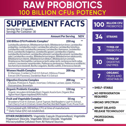 Wholesome Wellness Dr. Formulated Raw Probiotics for Women 100 Billion CFUs + Digestive Enzymes 1000MG Plus Prebiotics & Probiotics Supplement Bundle