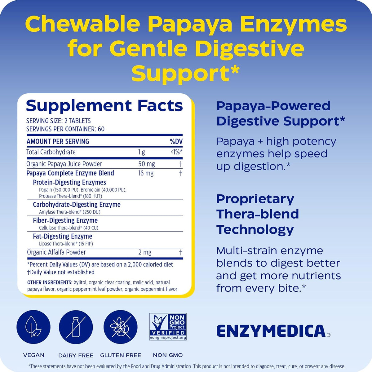 Enzymedica Papaya Complete - Papaya Enzymes Chewable, Digestive Enzyme Supplement for Women and Men, Digestion & Gut Health Support, High Potency Bromelain & Papain, Vegan, Gluten Free - 120 Tablets