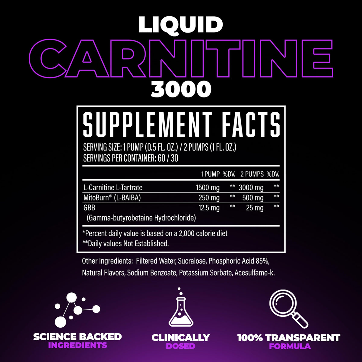 Huge Supplements Liquid L-Carnitine 3000, Superior Potency Infused with 500mg MitoBurn & 25mg GBB, Premium Stim-Free & Energy Boost, Convenient Pump Top, 32 Oz (60 Servings)
