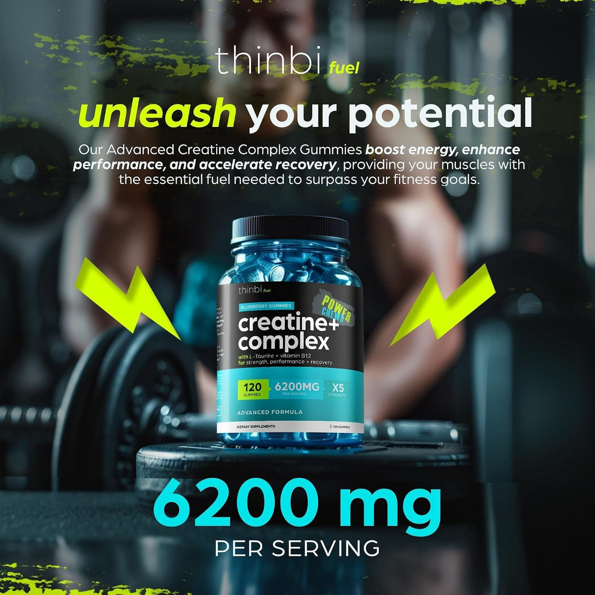 Thinbi Creatine Monohydrate Gummies with Taurine, 120 Count