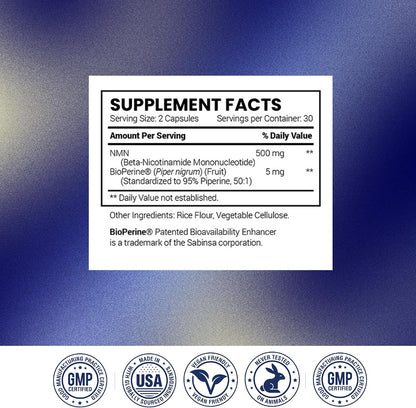 Research Verified NMN - Boost Cellular Energy, Support Healthy Aging & Vitality - 500mg Pure NMN - 60 Capsules - 1 Bottle