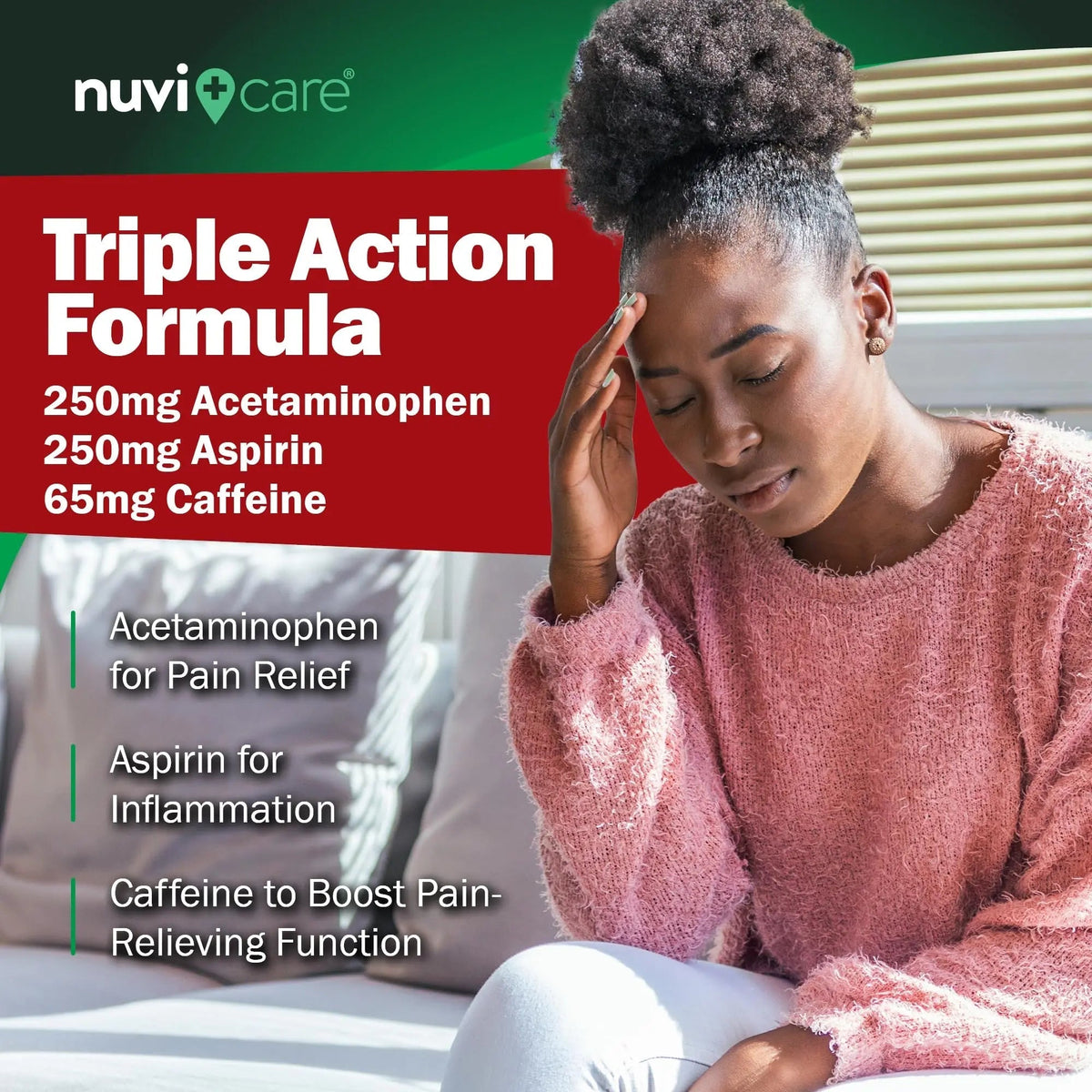 NUVICARE Headache Relief with Acetaminophen 250 mg, Aspirin (NSAID) 250 mg, Caffeine 65 mg - Temporary Relief of Minor Aches & Pains - Compare to Excedrin Extra Strength Pain Reliever (2 Pack) NUVICAREBuy Supplements Australia
