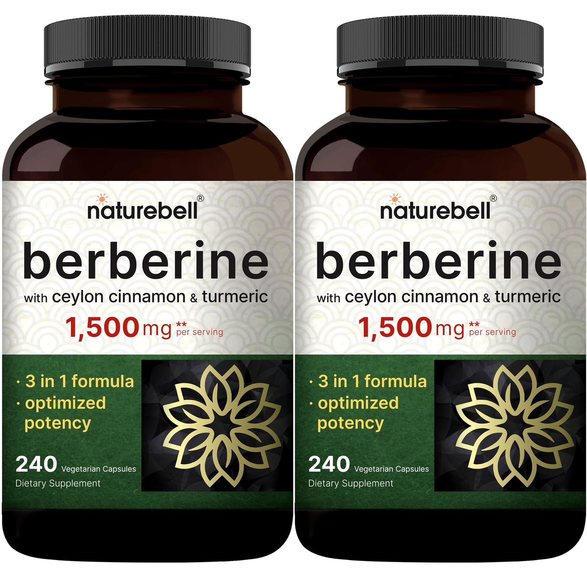 NatureBell Berberine Supplement 1,500mg with Ceylon Cinnamon & Turmeric Root, 240 Veggie Capsules | 97% Pure Berberine HCL | Supports Balanced Sugar Levels & Heart Health | Vegan, Non-GMO