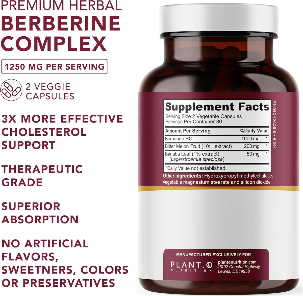 Berberine Supplement - 10xHigher Absorption Berberine HCI Complex with Bitter Lemon & Banaba Leaf - Cholesterol & Metabolic Clinically Researched Support - 60 Capsules Non-GMO