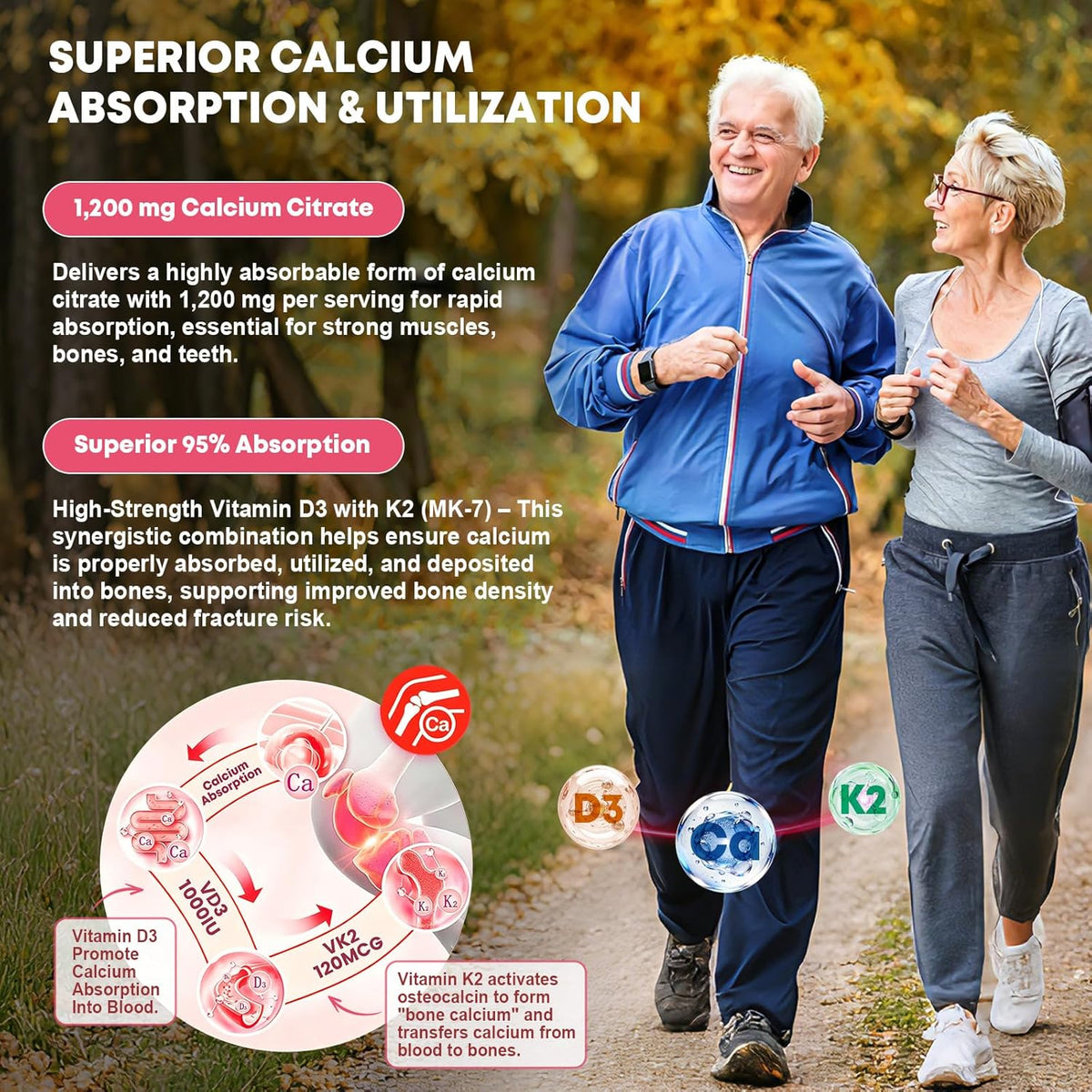 Calcium Citrate Gummies 1200 mg with Vitamin D3, K2 for Bone, Muscle & Immune Support, High Absorption Chewable Calcium Supplements for Women & Men, Sugar Free, Vegan, Peach Flavor, 60 Chews