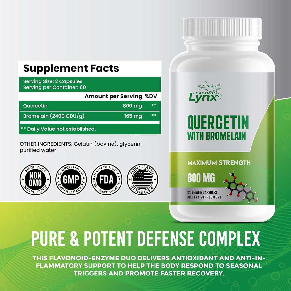 Leaping Lynx Quercetin with Bromelain – 800mg Quercetin + 165mg Bromelain | 120 Capsules (60-Day Supply) | Immune, Respiratory, and Seasonal Allergy Support | Antioxidant & Recovery Complex | Non-GMO