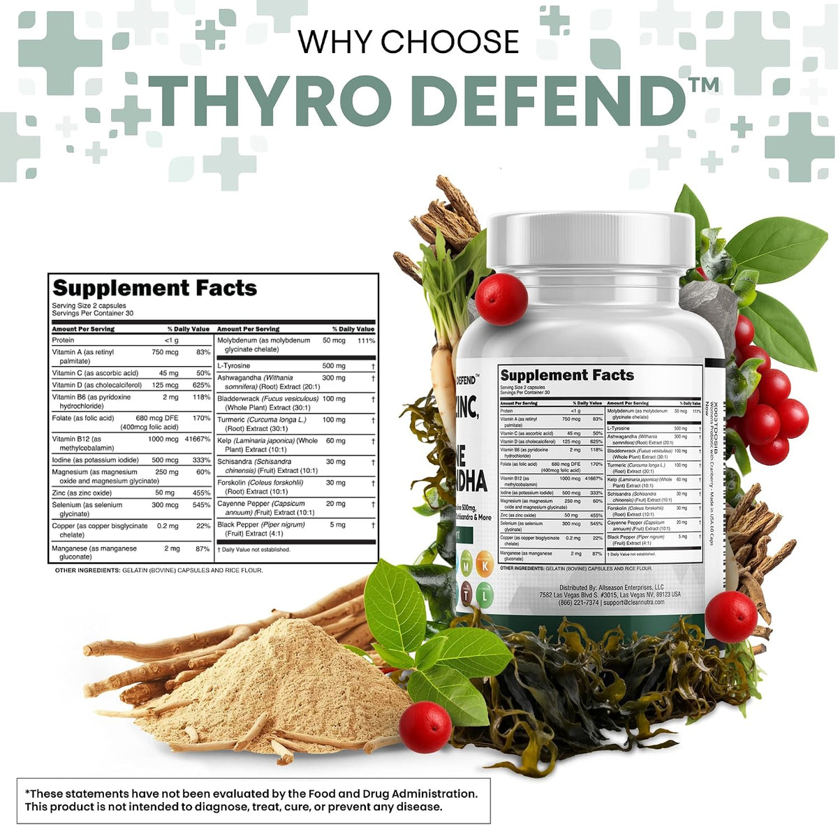 Clean Nutra Selenium 300mcg Iodine 500mcg Thyroid Support for Women & Men | L Tyrosine 500mg Ashwagandha Supplement Bladderwrack, Turmeric, Kelp, Schisandra Zinc Pills Capsule Supplements