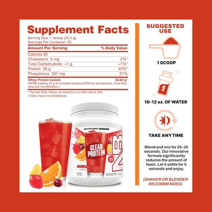 NutraBio Clear Protein Powder, Fruit Punch - 20 Servings, 20g Clear Whey Protein Isolate, 0 Sugar, 0g Lactose, Refreshing Fruit Flavors, GLP1 Support - Bone Health - Muscle Post Workout Recovery