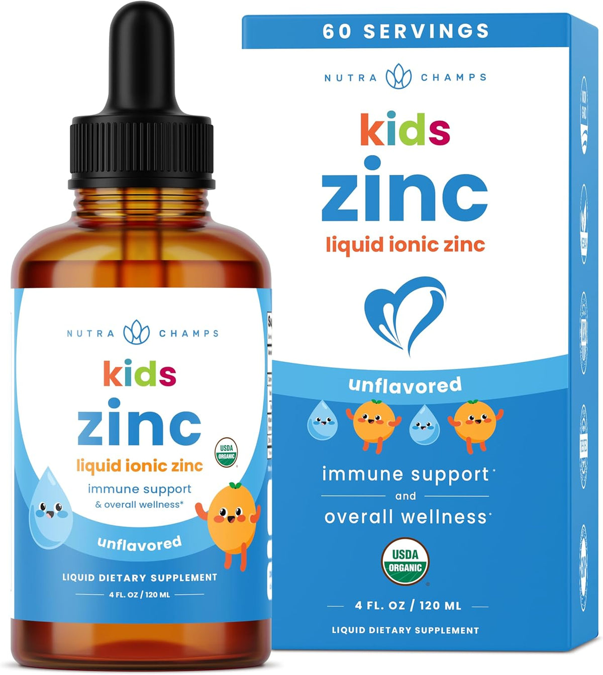 NutraChamps Organic Liquid Zinc Drops for Kids, Ionic Zinc Drops Enhanced with Vitamin C for Children, Sugar-Free 4 oz, Vegan & Non-GMO, Unflavored, 60 Servings, 2 Month Supply