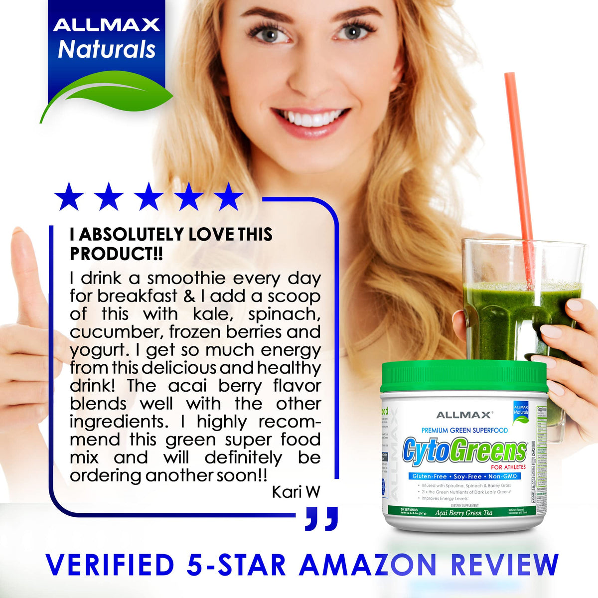 ALLMAX Naturals CytoGreens Super Greens Powder, Premium Green Superfood with Greens, Superfoods, Daily Greens Supplement, Acai Berry Green Tea, 60 Servings ALLMAXBuy Supplements Australia