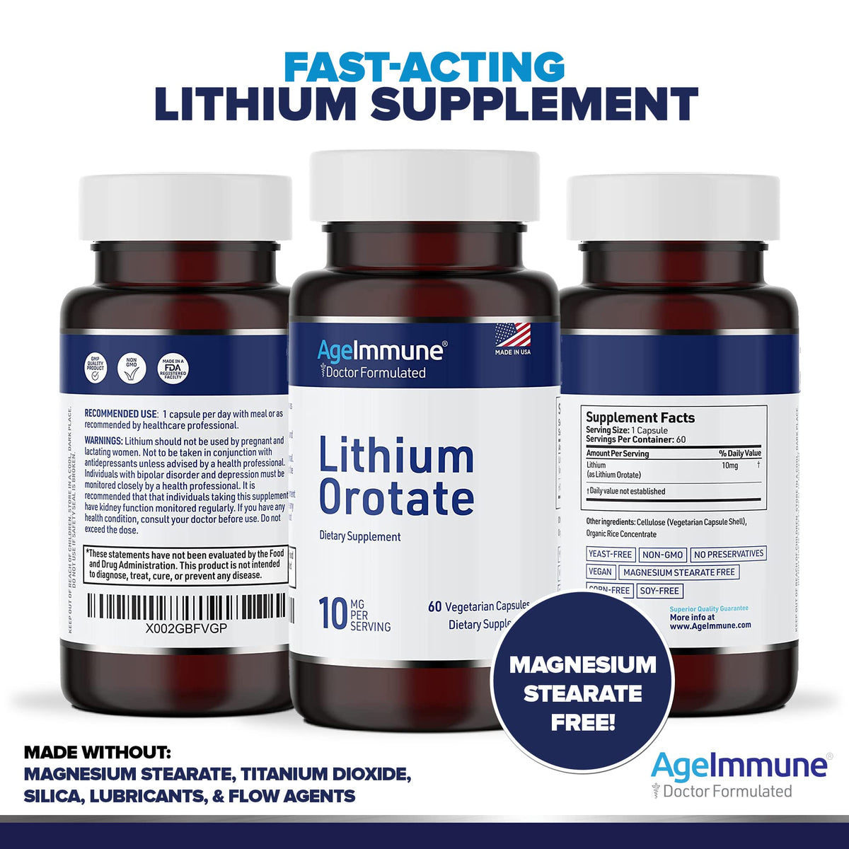 Lithium Orotate 10mg per Capsule - 60 Vegetarian Capsules. Memory and Emotional Wellness Support - Magnesium Stearate Free - 2 Months Supply of Lithium Supplement.