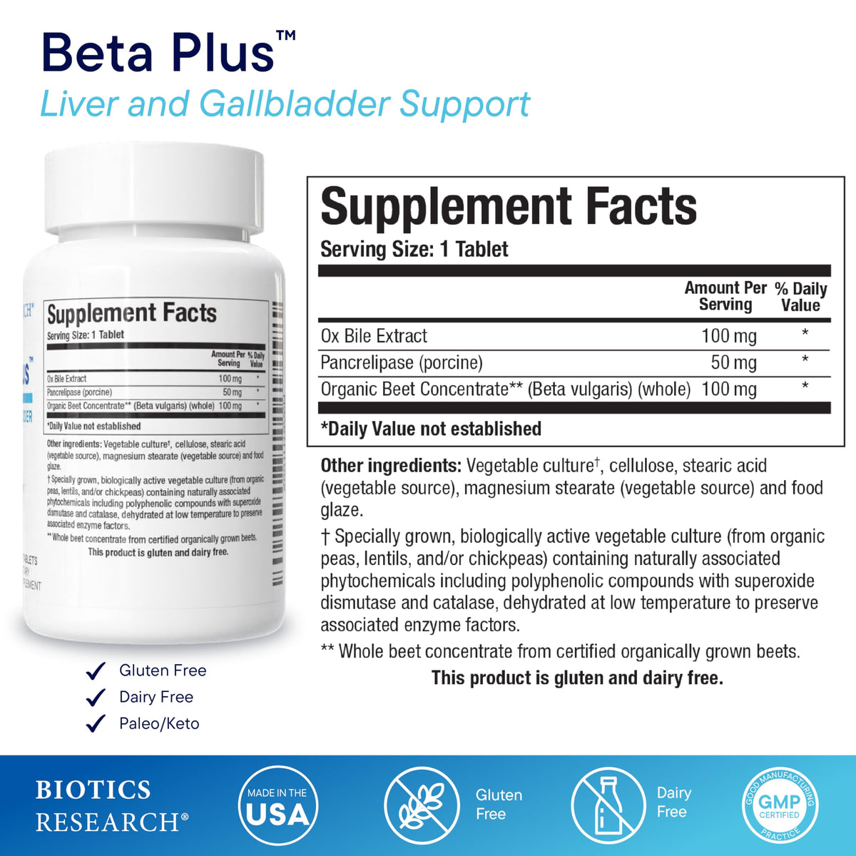 Biotics Research Beta-Plus™ Nutritional Ox Bile Salts Digestive Enzymes Supplement for Bile Production for No Gallbladder-Supports Overall Liver Function, Aids Fat Digestion, Supplies Betaine 90 Tabs