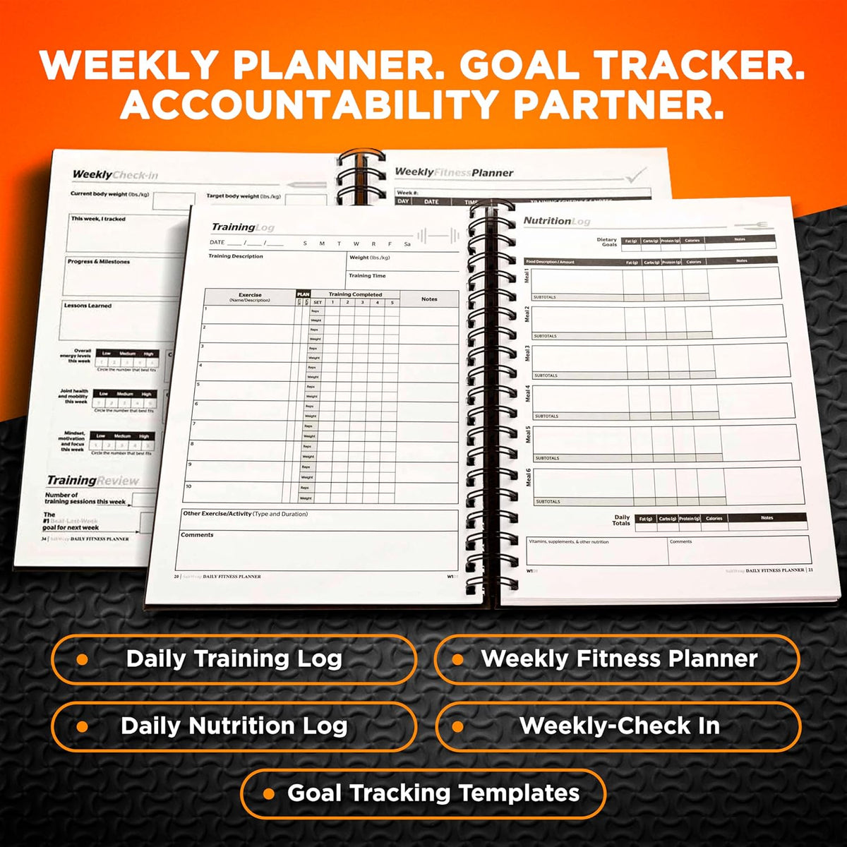 Health Planner Bundle - Fitness Planner & Sunrise Journal Set | Pairs a 5-Minute Gratitude Practice with a Spiral-Bound Workout and Food Log, Ideal Wellness Gift for Men and Women