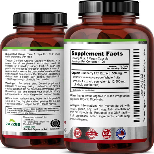 Zazzee USDA Organic Cranberry 25:1 Extract, 500 mg per Capsule, 100 Vegan Capsules, 3+ Month Supply, Certified Kosher, Vaccinium Macrocarpon, Urinary Tract & Bladder Support