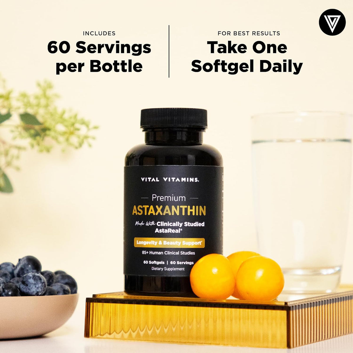 Vital Vitamins Astaxanthin 12mg Softgels for Skin Hydration & Elasticity | Natural Astaxanthin from Microalgae, Antioxidant Protection for Skin, Eyes & Exercise Recovery, Vegan, 60 Softgels