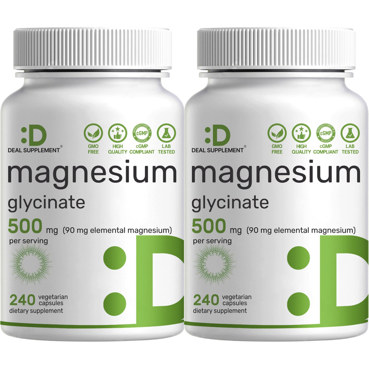 Deal Supplement Magnesium Glycinate 500mg, 240 Veggie Capsules | 100% Chelated for Easy Absorption | Essential Mineral Supplement | Non-GMO, Gluten-Free