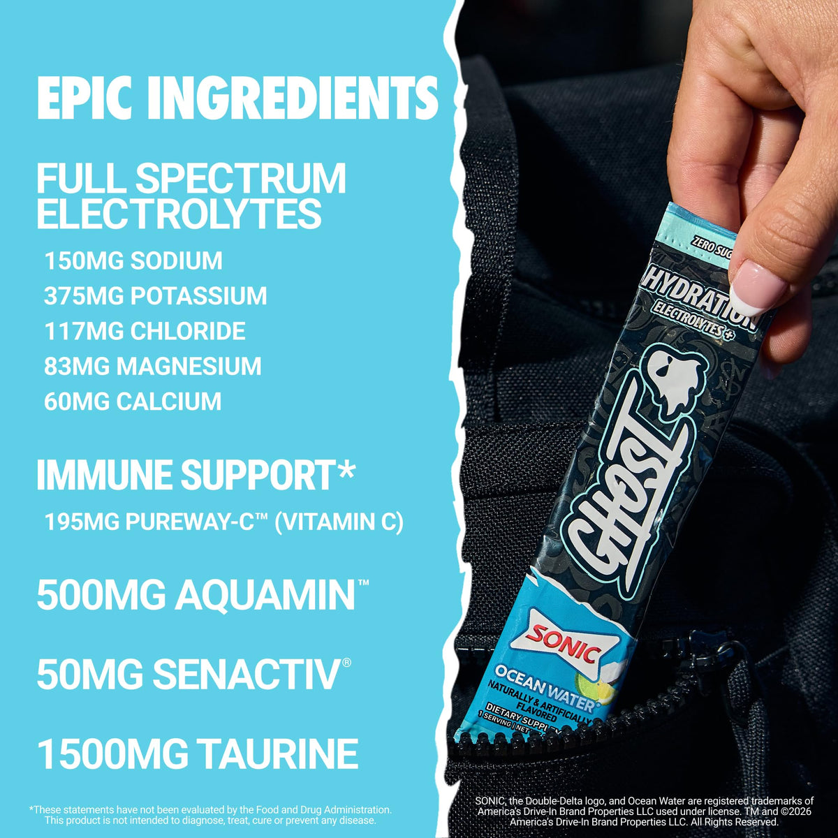 GHOST Hydration Sticks, Electrolyte Powder Packets, Sonic Cherry Limeade - 24 Sugar Free Instant Electrolyte Drink Mix - Caffeine-Free Daily Hydration & Immune Support with Clean Formula