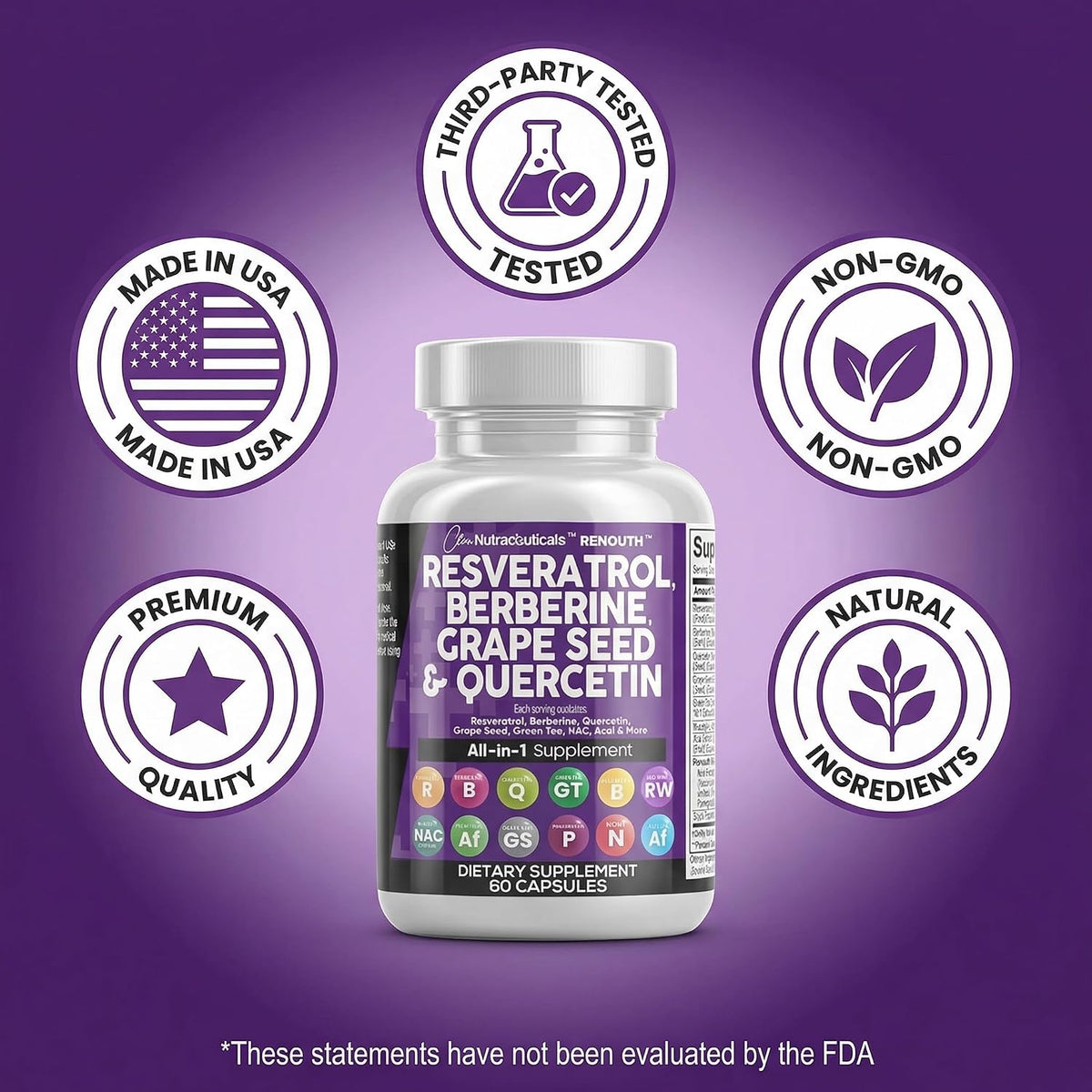 Clean Resveratrol Supplement | Berberine Grape Seed Extract Quercetin Green Tea Extract Acai Noni Polyphenol Supplement for Women & Men N-Acetyl Cysteine