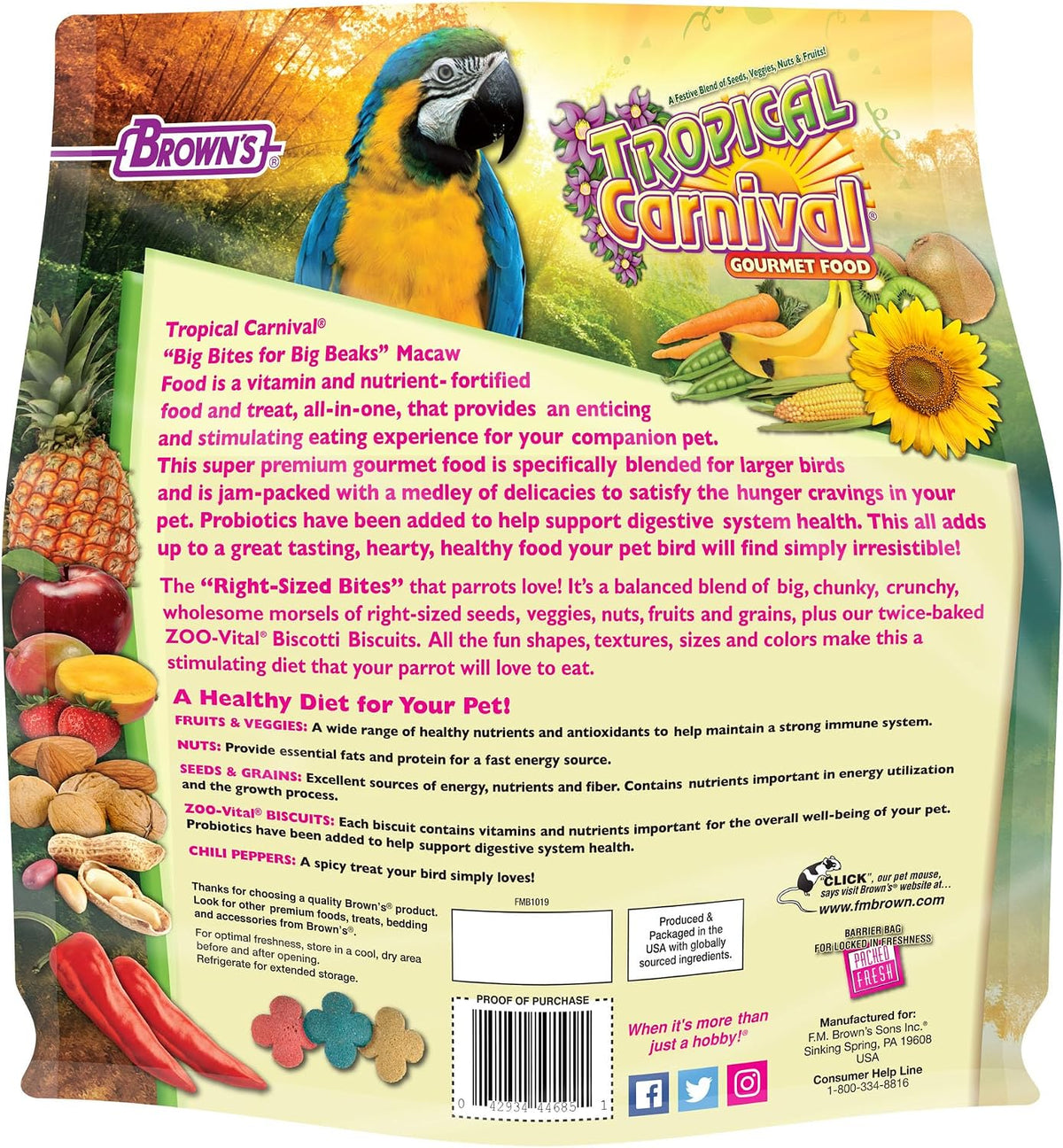 F.M. Brown's Tropical Carnival, Gourmet Macaw Food Big Bites for Big Beaks, Vitamin-Nutrient Fortified Daily Diet with Probiotics for Digestive Health, 5 lb