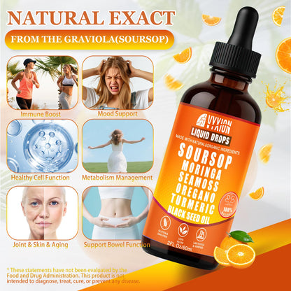 Soursop Bitters Liquid Drops 10 in 1 with Sea Moss, Moringa, Turmeric, Black Seed Oil, Oregano, Ashwagandha | Herbal Extracts for Overall Health-Enhancing |Vegan, Non-GMO| 2 Fl Oz(Mixed Berry Flavor)