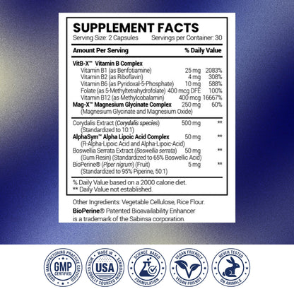 Research Verified Nerve Supplement - ALA, Magnesium, B Vitamins, Boswellia, Corydalis, BioPerine - Antioxidant & Nutritional Support - 60 Vegan Capsules - Pack of 3