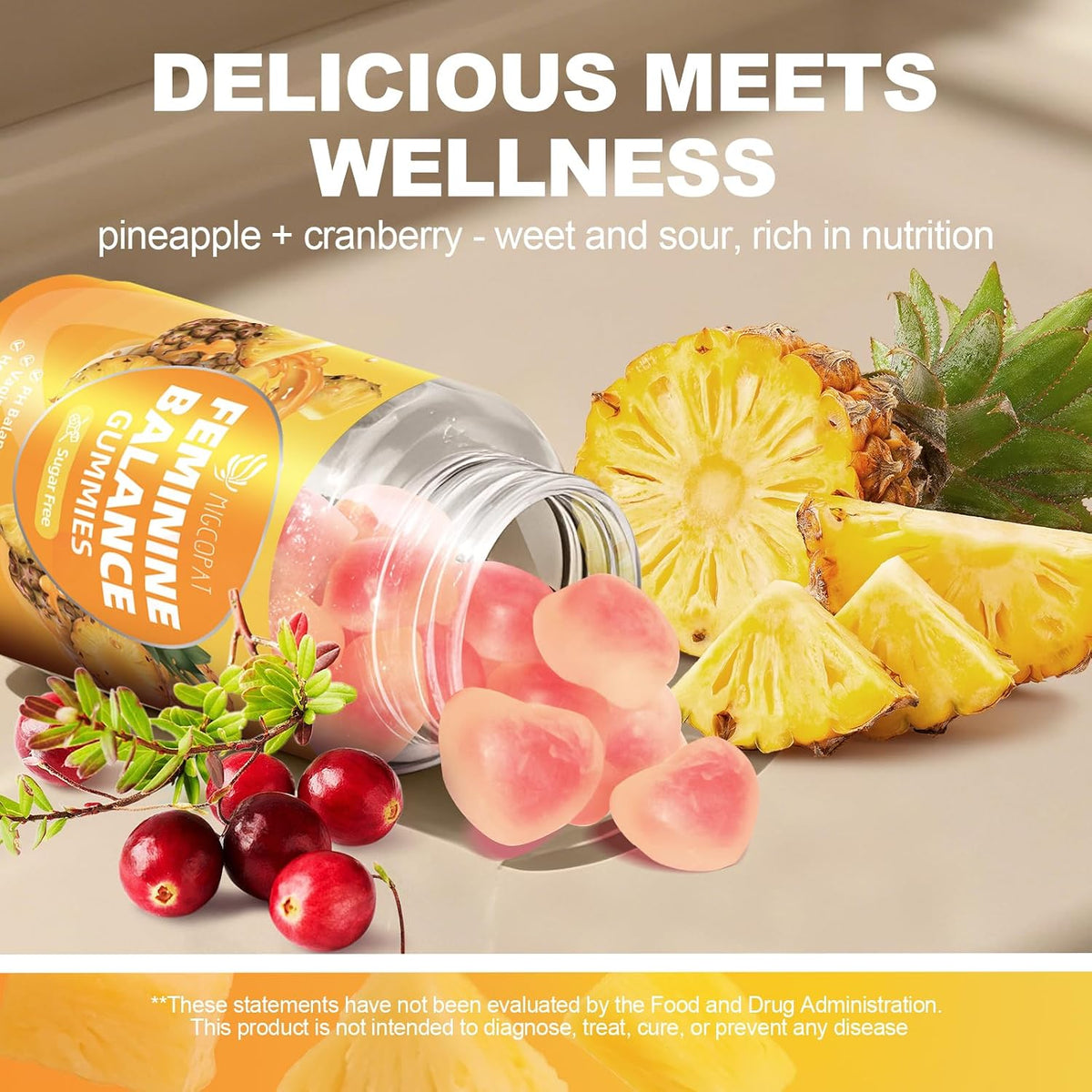 Migcopat Premium Feminine Balance Gummies, Women’s Health Probiotics - 100 Billion CFU Probiotics - Immune Support, Gut Health, Hormone Balance, PH Balance Vitality, Pineapple Flavor, 60 Count