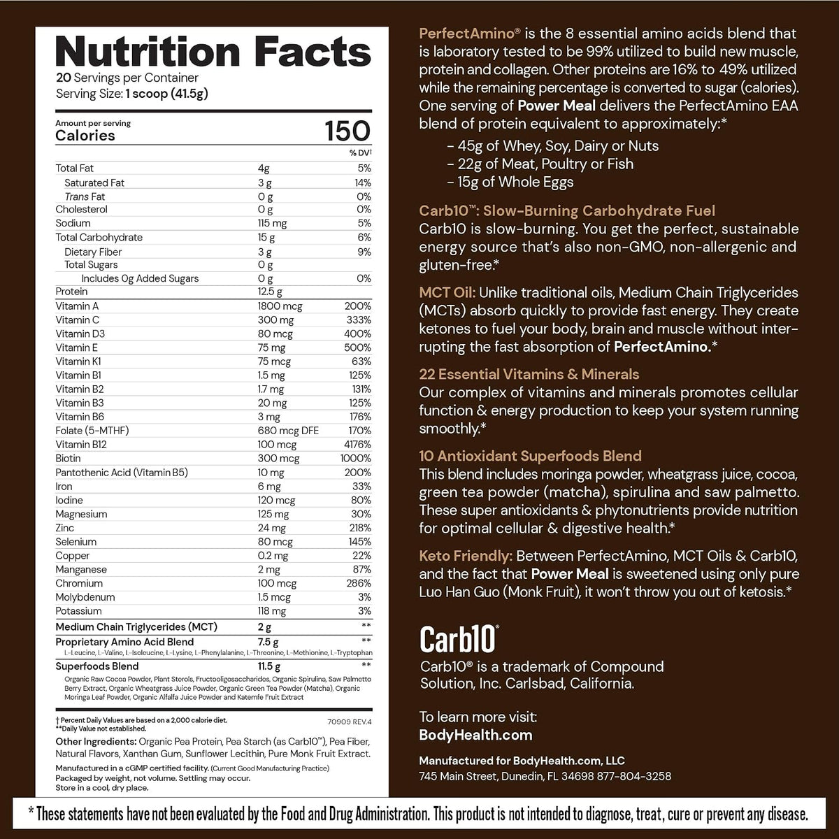 BodyHealth PerfectAmino Power Meal Shake New Dark Chocolate Flavor with MCT Oil Carb 10 and Perfect Amino Protein Base (20 Servings)