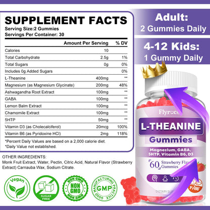 Flyrocer 2 Pack L-Theanine Gummies, L Theanine Supplement for Adults & Kids, L'Theanine with Ashwagandha, Magnesium, 5HTP & GABA - Support Calm, Relax, zzZ, Focus, Vegan Strawberry Flavor, 120 Count FlyrocerBuy Supplements Australia