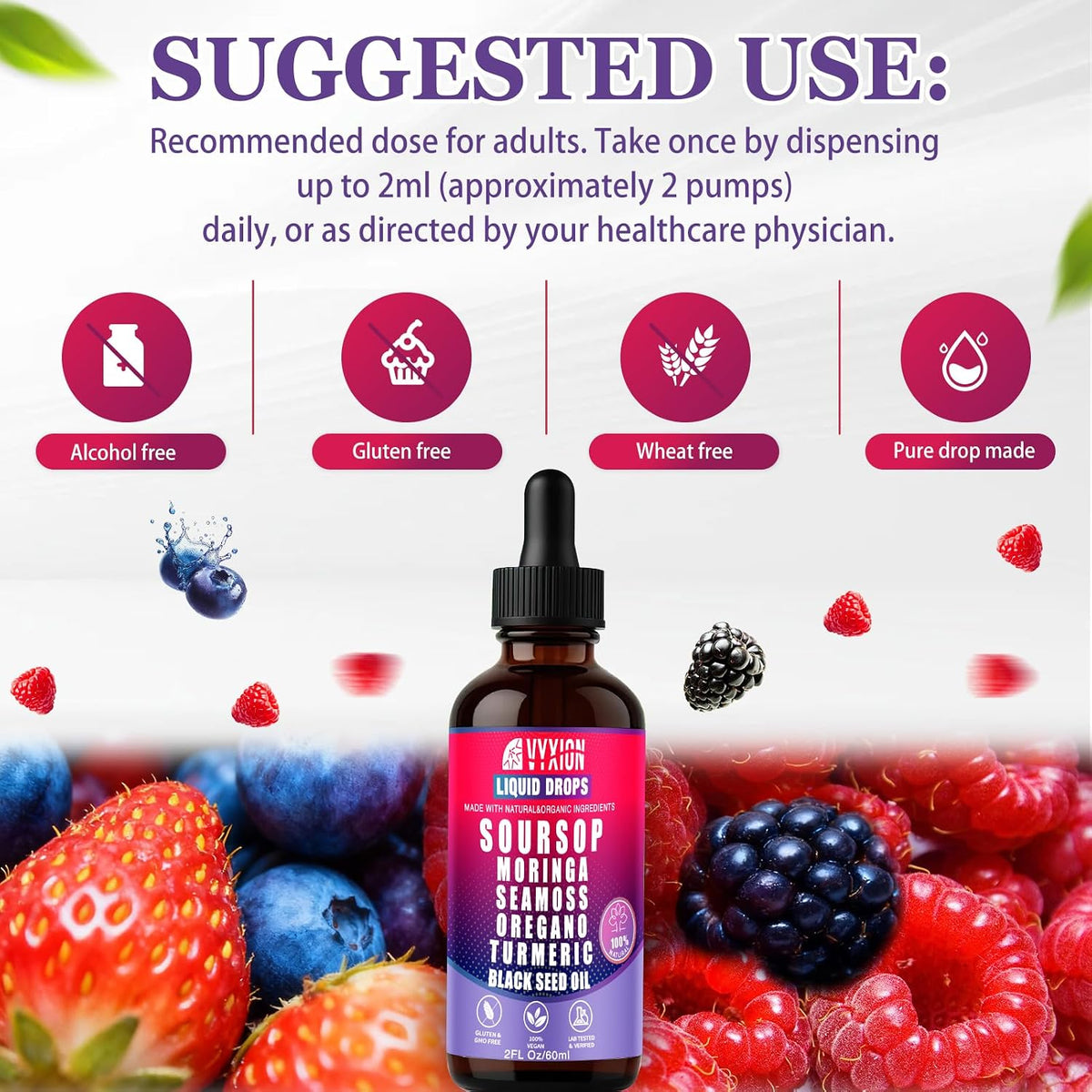 Soursop Bitters Liquid Drops 10 in 1 with Sea Moss, Moringa, Turmeric, Black Seed Oil, Oregano, Ashwagandha | Herbal Extracts for Overall Health-Enhancing |Vegan, Non-GMO| 2 Fl Oz(Mixed Berry Flavor)