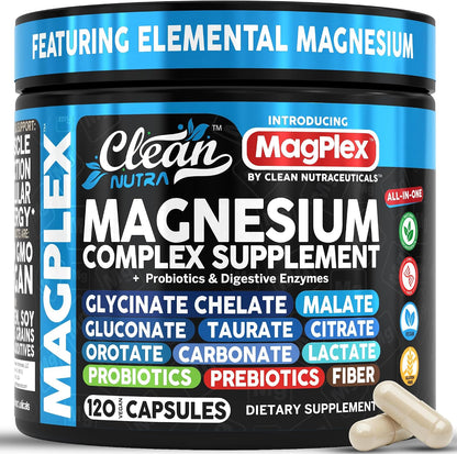 8in1 Magnesium Supplement Complex | Magnesium Glycinate Citrate Malate Gluconate Orotate Carbonate Lactate + Prebiotics Probiotics Digestive Enzymes Magnesio Capsules for Women Men By Clean Nutra