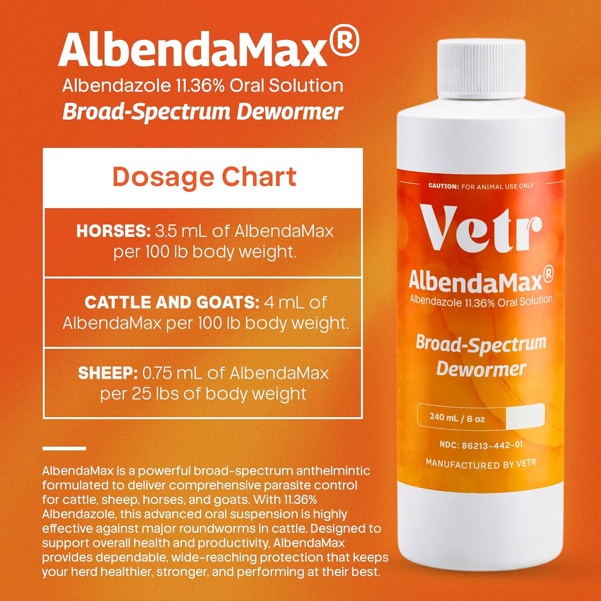 vetr AlbendaMax Oral Suspension, Liquid for Cattle, Sheep & Goats – 240 mL