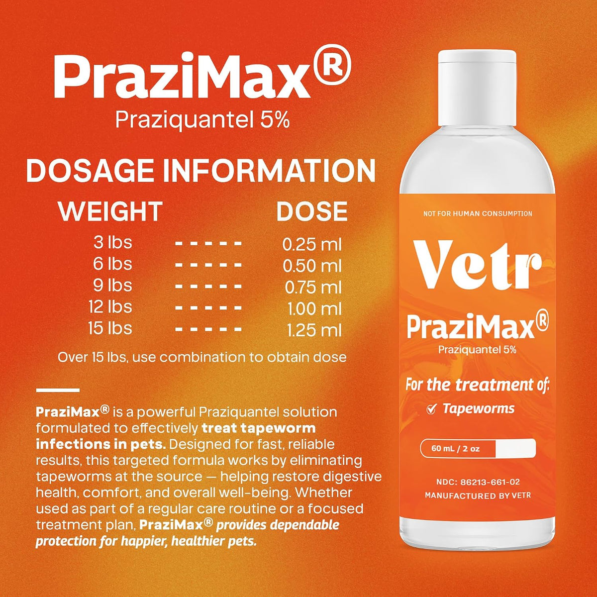 Liquid Intestinal Support for Dogs and Cats with Vetr PraziMax - Targets Tapeworms - 60mL Bottle with Dropper - Roasted Chicken Flavor