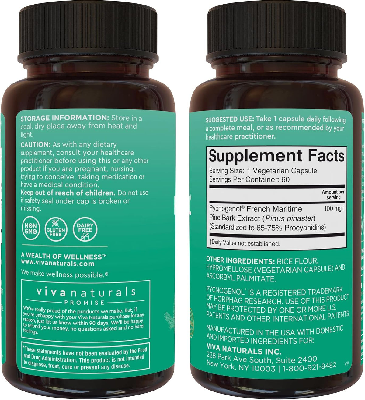 Viva Naturals Pycnogenol - 100mg French Maritime Pine Bark Extract – Supports Circulation, Antioxidant-Like Activity, Joints & Immune Health and Function – 60 Veggie Capsules