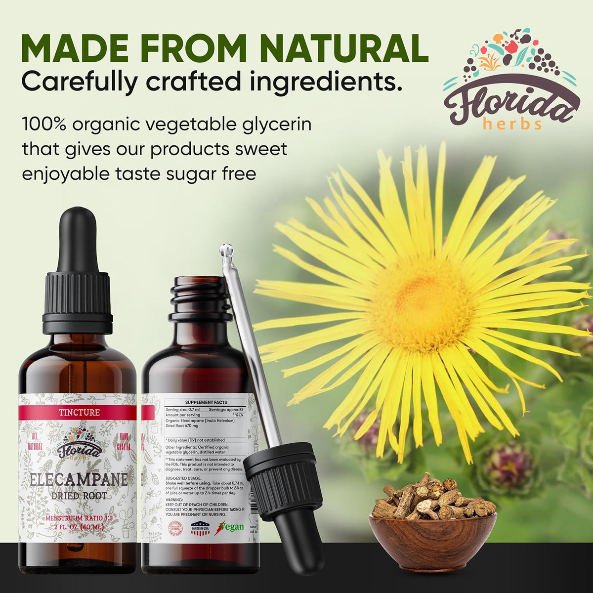 Elecampane Tincture, Organic Elecampane Extract (Inula Helenium) Dried Root Herbal Supplement, Non-GMO in Cold-Pressed Organic Vegetable Glycerin, 700 mg, 2 oz (60 ml)