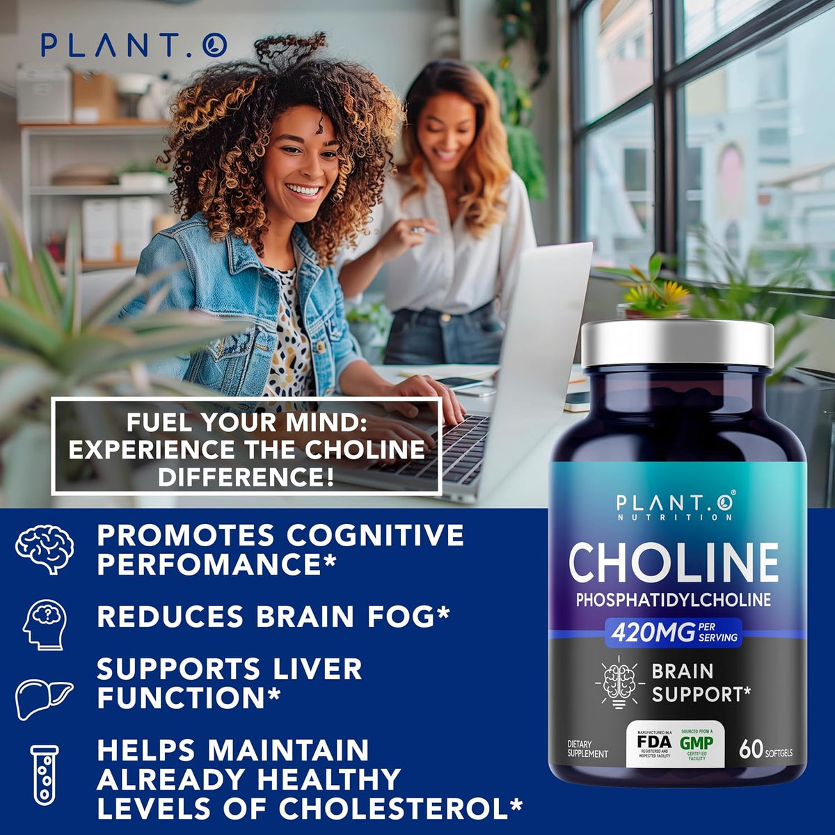 PLANT.O NUTRITION Choline Phosphatidyl Supplement | High Potency 430mg Phospholipid Complex | Promotes Energy, Liver, Brain, & Cognitive Health | 60 Softgels