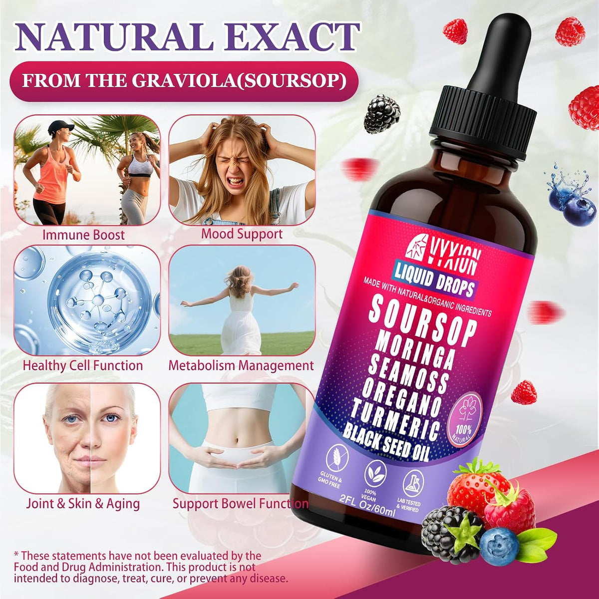 Soursop Bitters Liquid Drops 10 in 1 with Sea Moss, Moringa, Turmeric, Black Seed Oil, Oregano, Ashwagandha | Herbal Extracts for Overall Health-Enhancing |Vegan, Non-GMO| 2 Fl Oz(Mixed Berry Flavor)