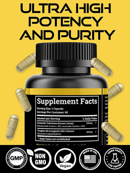 Cistanche Tubulosa 200mg & Tongkat Ali 400mg (Max Purity) 2 Month Supply (50% Echinacoside + 10% Acetoside with Tongkat Ali for Men 200:1 (Longjack) Eurycoma Longifolia) similar to Fadogia Agrestis