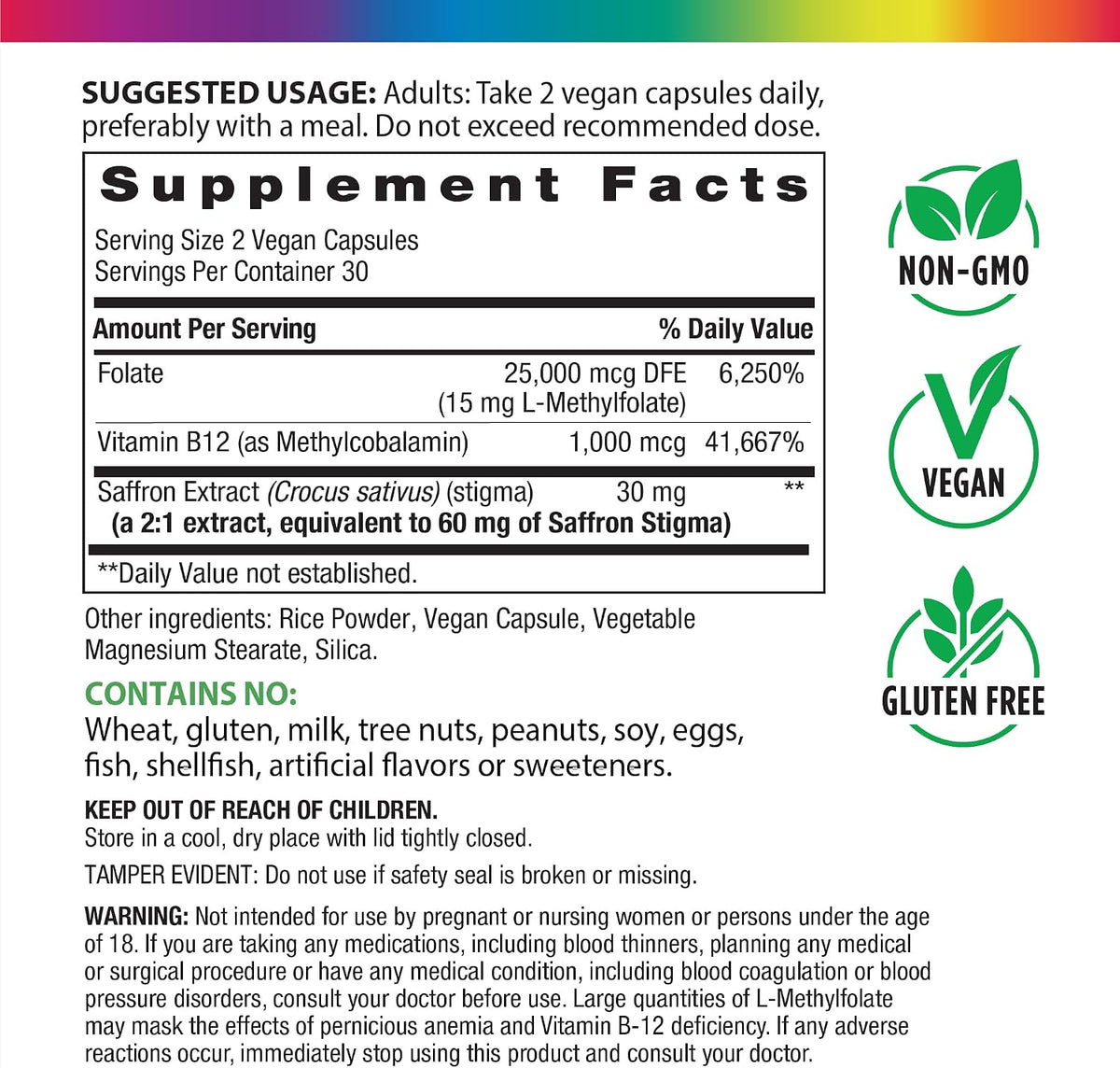Rainbow Light L-Methylfolate 15 mg with Methyl B12 | 60 Capsules | Plus Saffron Extract | Helps Maintain a Positive Mood | Vegan, Non-GMO and Gluten Free Supplement