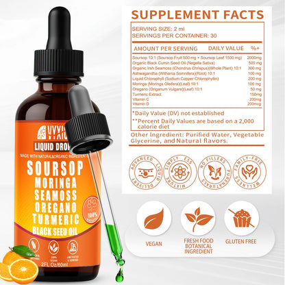 Soursop Bitters Liquid Drops 10 in 1 with Sea Moss, Moringa, Turmeric, Black Seed Oil, Oregano, Ashwagandha | Herbal Extracts for Overall Health-Enhancing |Vegan, Non-GMO| 2 Fl Oz(Mixed Berry Flavor)