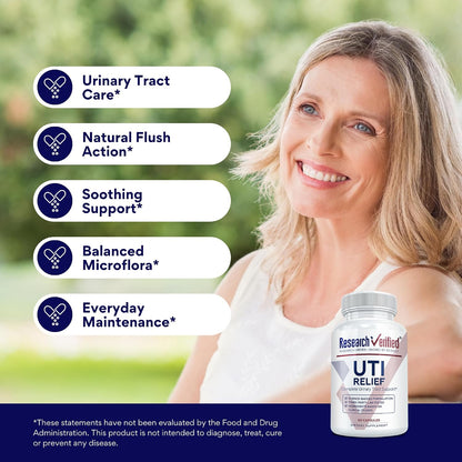 Research Verified UTI Relief - Urinary Tract Support Supplement - 100% Natural, Vegan with Lingonberry, Cranberry & D-Mannose - 1 Bottle (1 Month Supply)