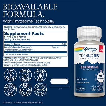 SOLARAY Berberine Phytosome - 9X Absorption and Easy-to-Digest - Standardized to 30% Berberine HCl - Vegan, Made Without Soy - 60-Day Guarantee - 30 Servings, 30 VegCaps
