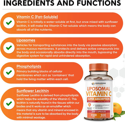 Wholesome Wellness Digestive Enzymes 1000MG Plus Prebiotics & Probiotics + Liposomal Vitamin C Capsules (200 Pills 1500mg Buffered) Bundle