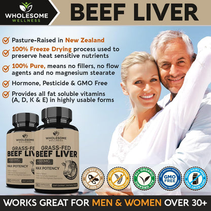 Grass Fed Desiccated Beef Liver Capsules (180 Pills, 750mg Each) + Liposomal Vitamin C Capsules (200 Pills 1500mg Buffered) High Absorption VIT C Bundle